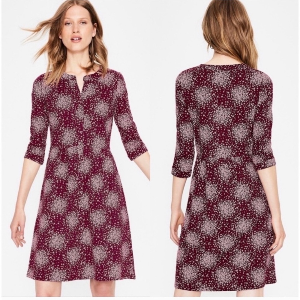Boden Briar Jersey Dress Mulled Wine Flower Burst Burgundy Size 6 Knee Length
